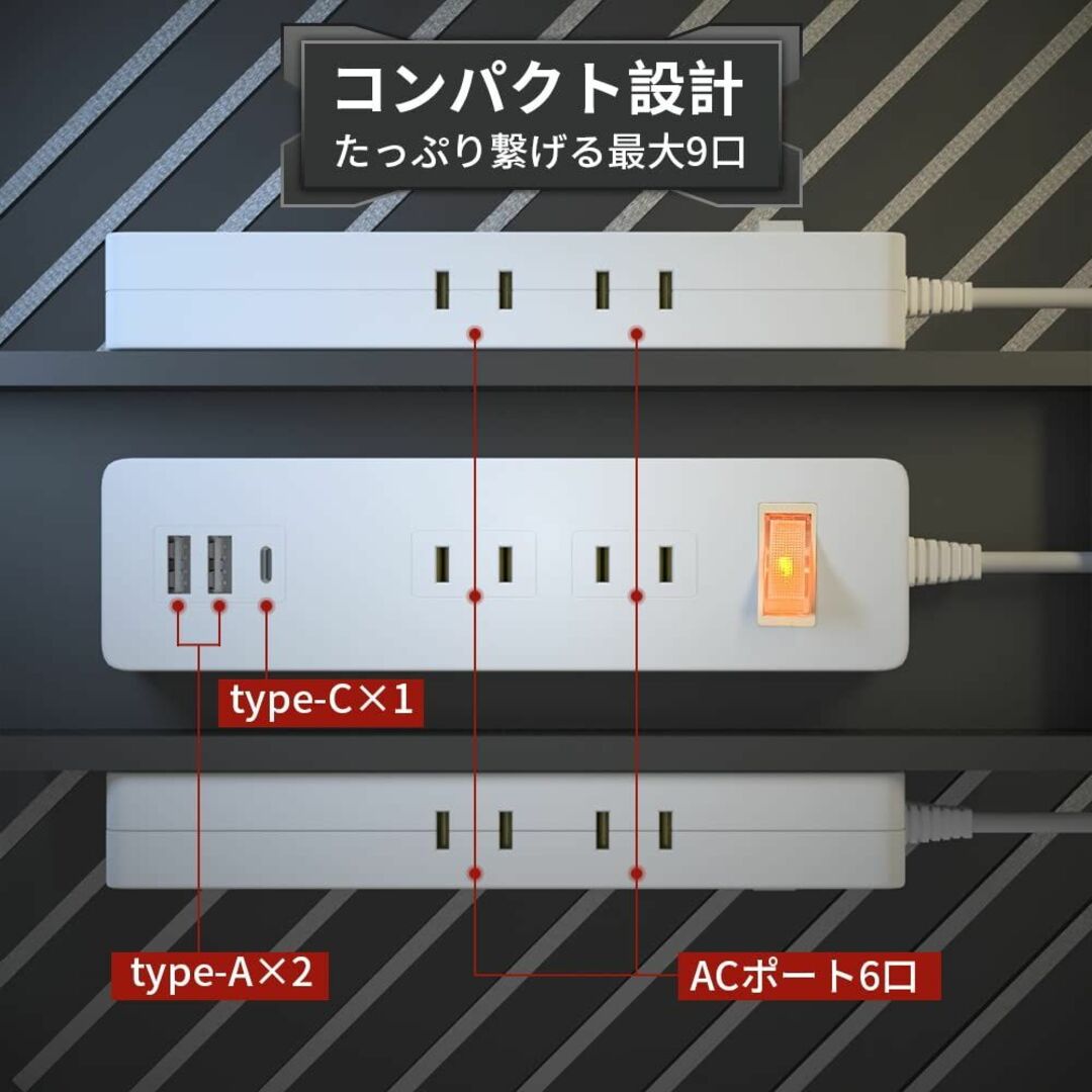 【色: ホワイト】電源タップ 雷ガード延長コード USBコンセントAC 6個口 3