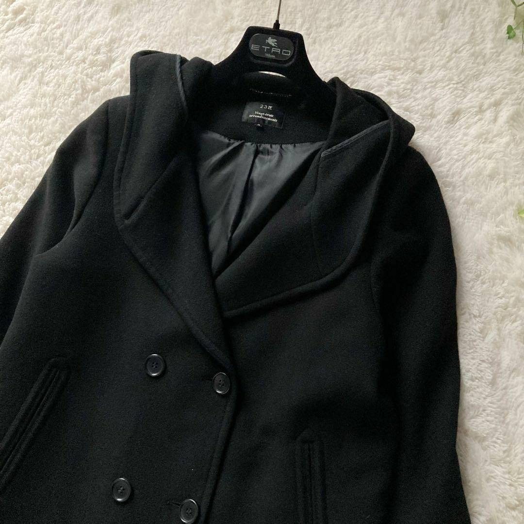 23区(ニジュウサンク)の23区　カシミヤ混　ビッグカラーフーデットコート　黒　大きいサイズ　46サイズ レディースのジャケット/アウター(ロングコート)の商品写真