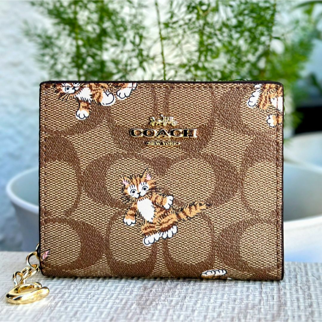 新品　COACH　二つ折り財布　小銭入れ有　シグネチャー　ダークブラウンレディース