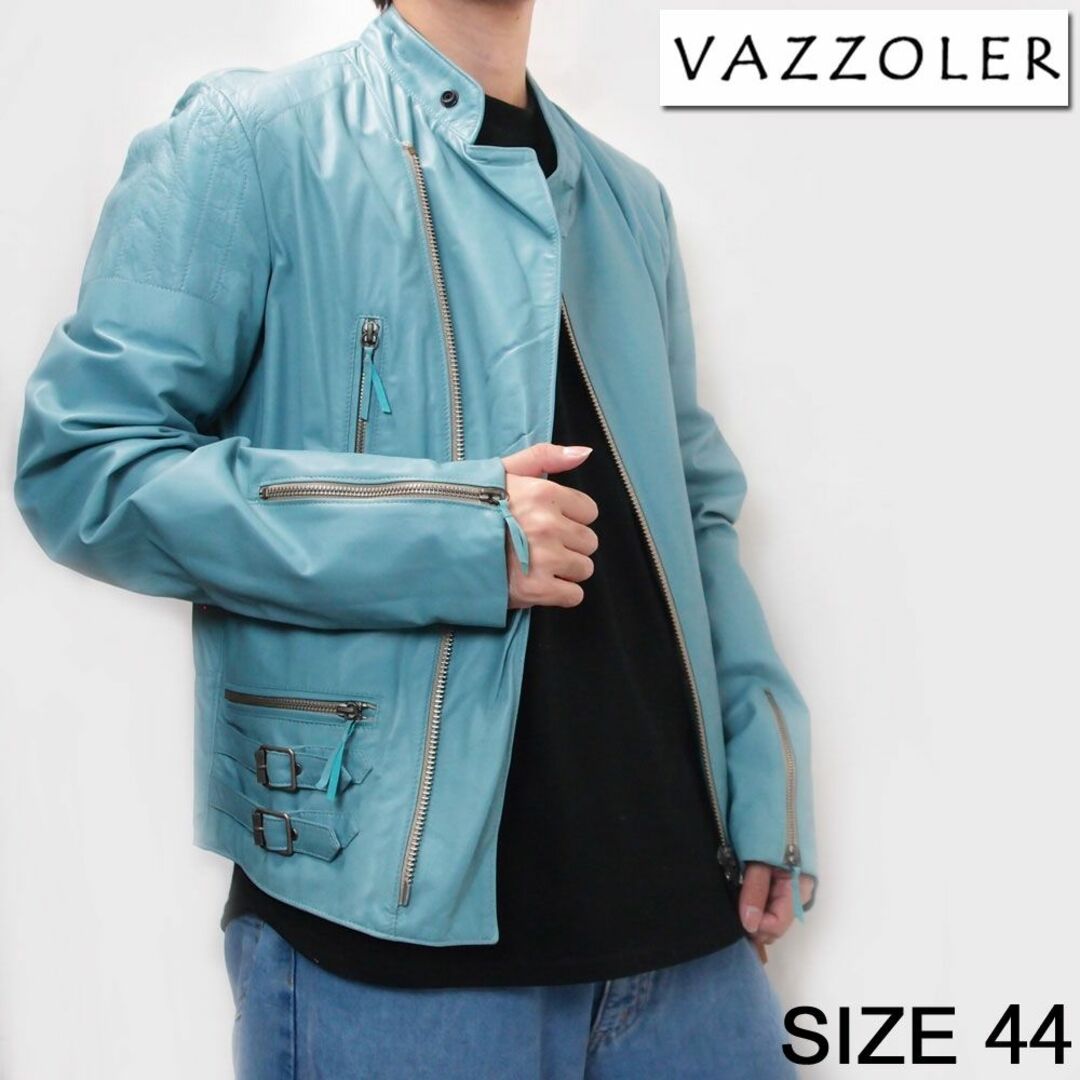 新品 VAZZOLER ヴァッツォレール ラムレザー ライダース ブルー 44 メンズのジャケット/アウター(ライダースジャケット)の商品写真
