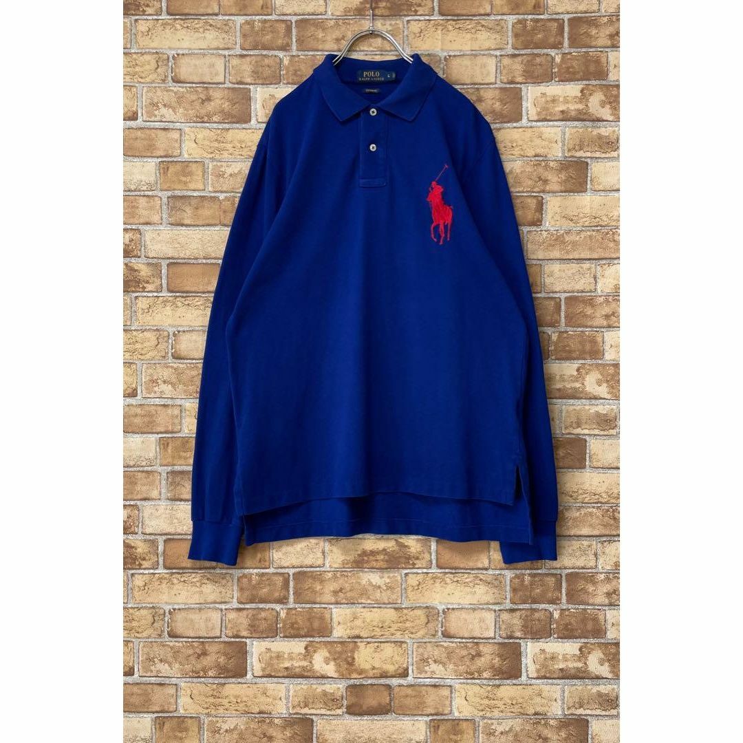 POLO RALPH LAUREN(ポロラルフローレン)のポロラルフローレン　ポロシャツ　刺繍ロゴ　ビッグポニー　ブルー　青　長袖　L. メンズのトップス(ポロシャツ)の商品写真