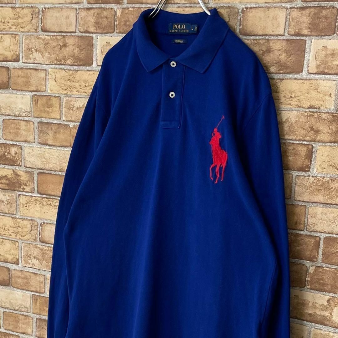 POLO RALPH LAUREN(ポロラルフローレン)のポロラルフローレン　ポロシャツ　刺繍ロゴ　ビッグポニー　ブルー　青　長袖　L. メンズのトップス(ポロシャツ)の商品写真