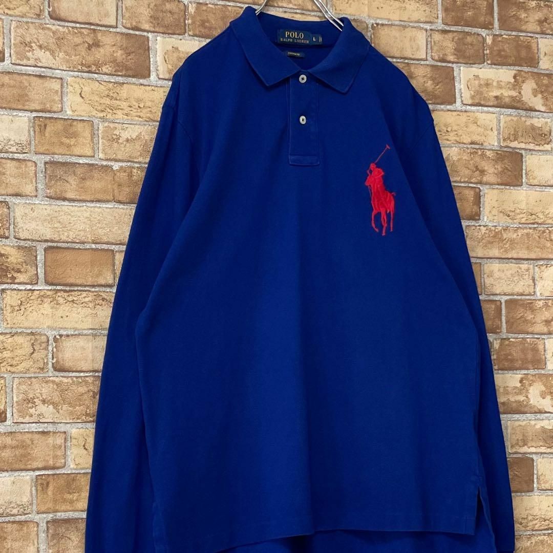 POLO RALPH LAUREN(ポロラルフローレン)のポロラルフローレン　ポロシャツ　刺繍ロゴ　ビッグポニー　ブルー　青　長袖　L. メンズのトップス(ポロシャツ)の商品写真