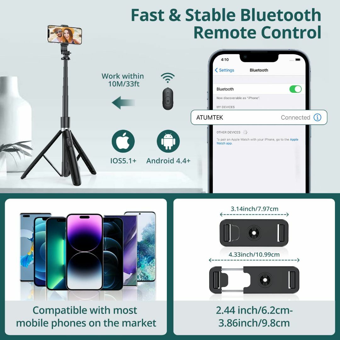 ATUMTEKアトムテックスマホ三脚 自撮り棒 ロング セルフィースタンド 全高 4