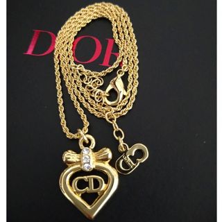 美品 ディオール CDロゴ ハート リボン ラインストーン ネックレス メッキ レディース Dior 【222-24839】