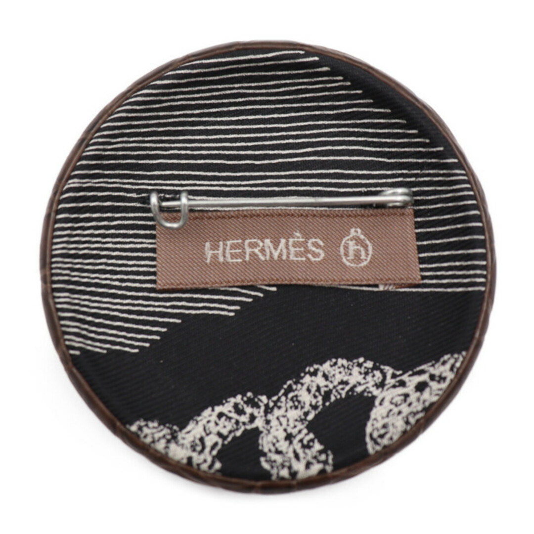 HERMES エルメス プティアッシュ ブローチMM ブローチ H1022508 92 ポロサス シルク  ブラウン系 ブラック シルバー金具 バッジ クロコダイル 【本物保証】