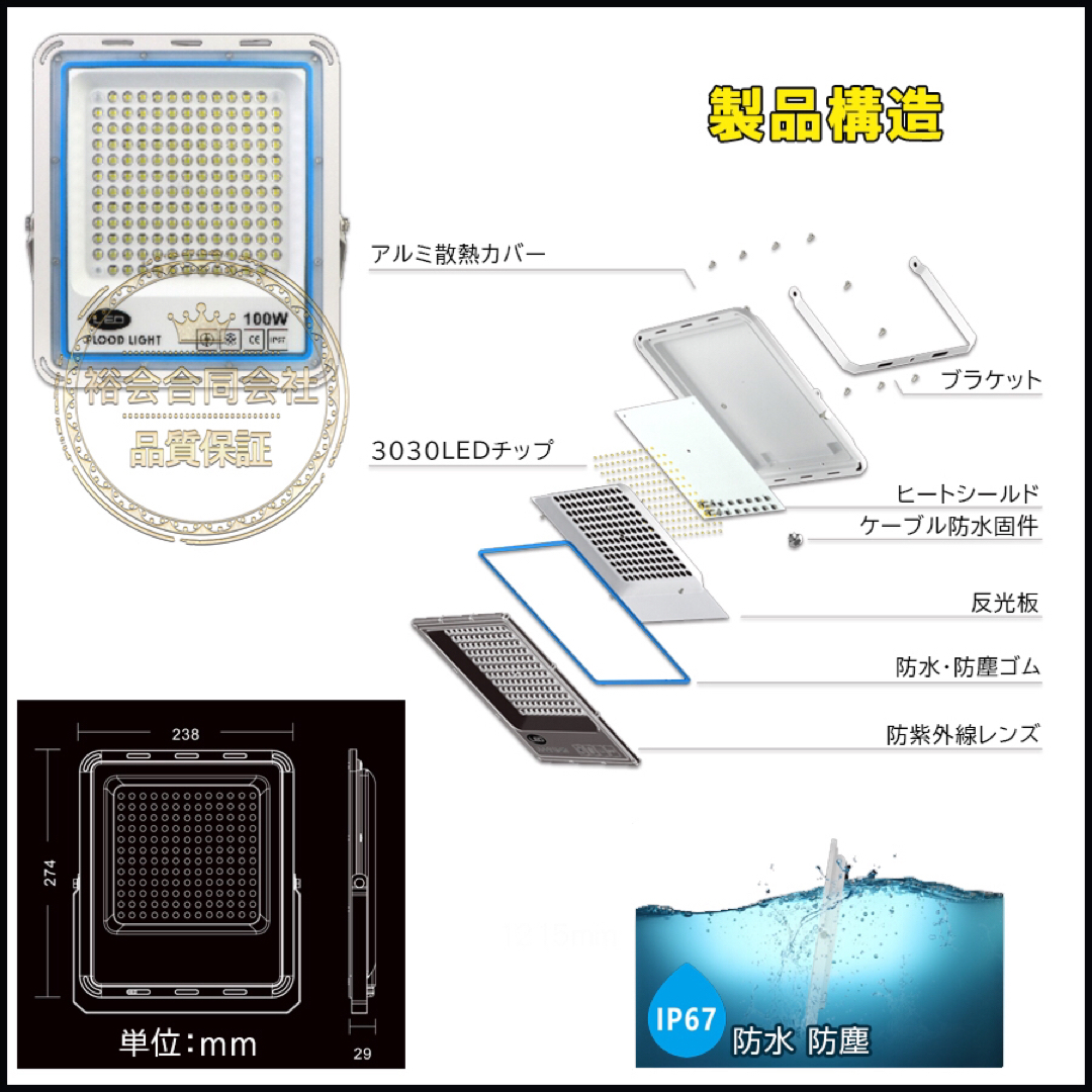 極薄型 LED100W 10個セット 昼光色6000K 11000LM IP67