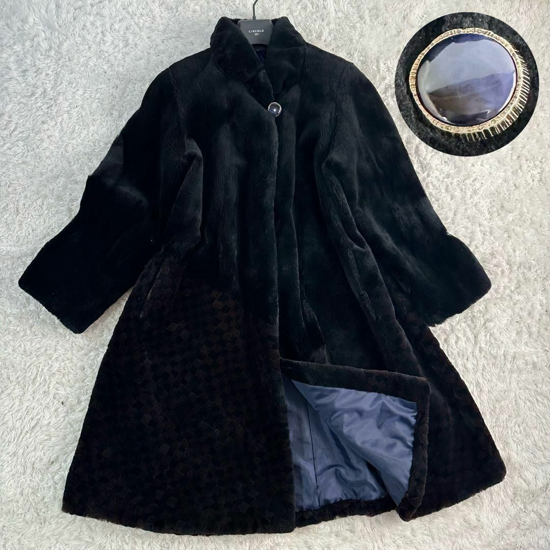 美品✨EMBA ロングコート チェック シェアードミンク Aライン 黒 XLの
