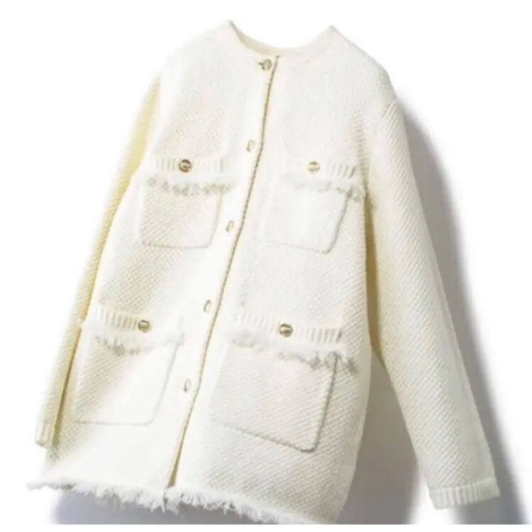 JUSGLITTY ジャスグリッティ ツイードニットジャケット　ホワイト レディースのトップス(カーディガン)の商品写真