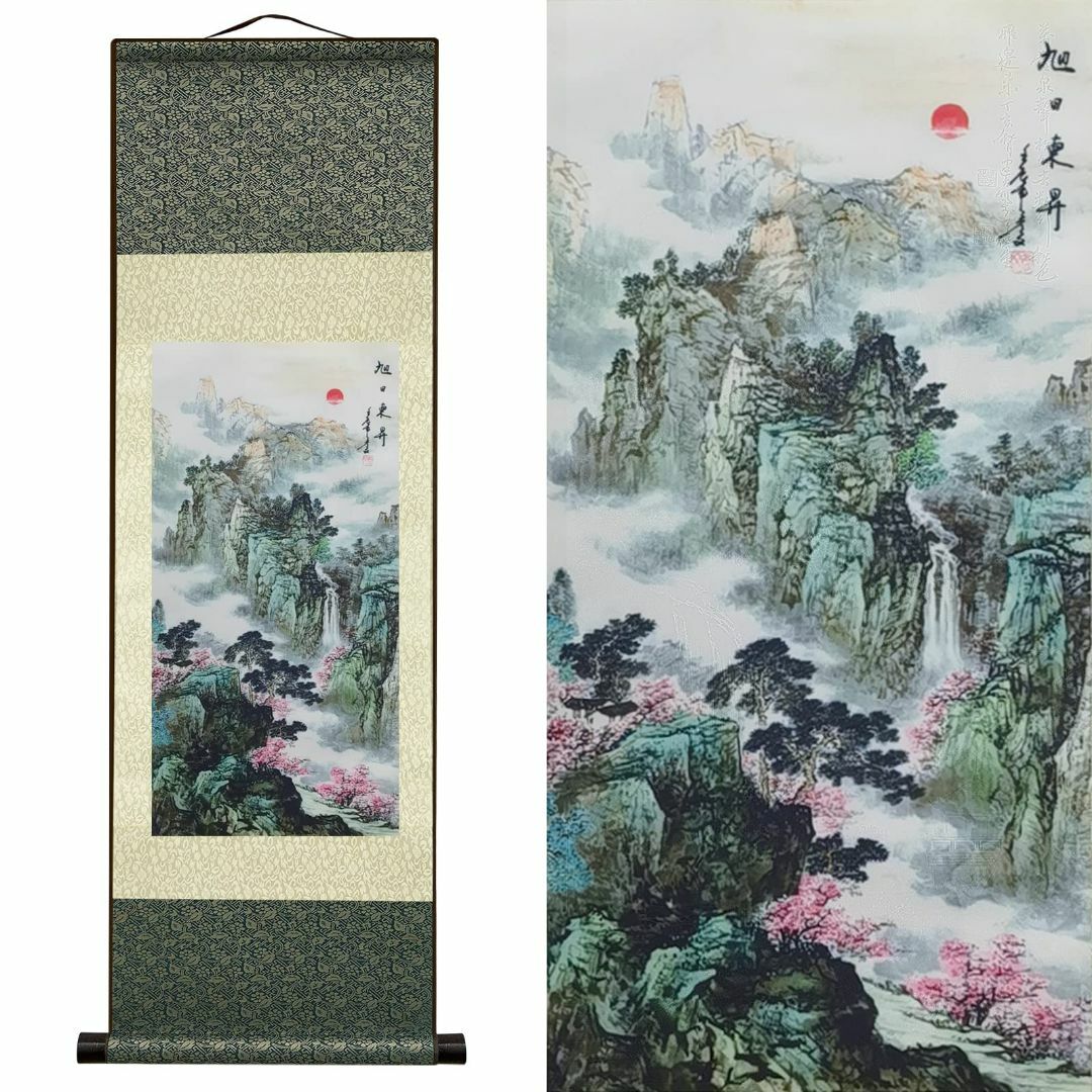 【色: A07】シルクスクロールペインティング アジアの壁装飾 滝 川 風景画