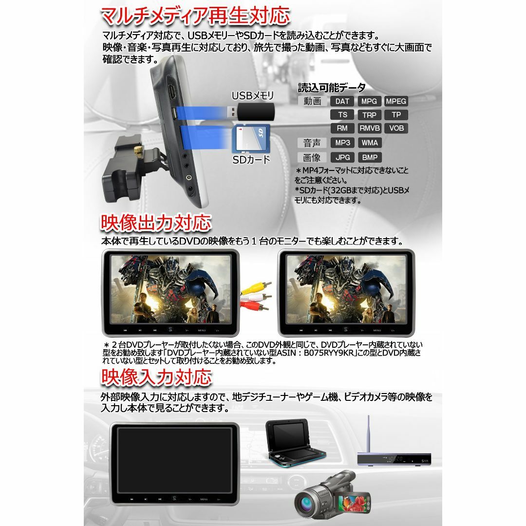 LOSKA ヘッドレストモニター DVDプレーヤー CPRMHDMI対応 10.の LOSKA ヘッドレストモニター DVDプレーヤー CPRMHDMI対応 10.の