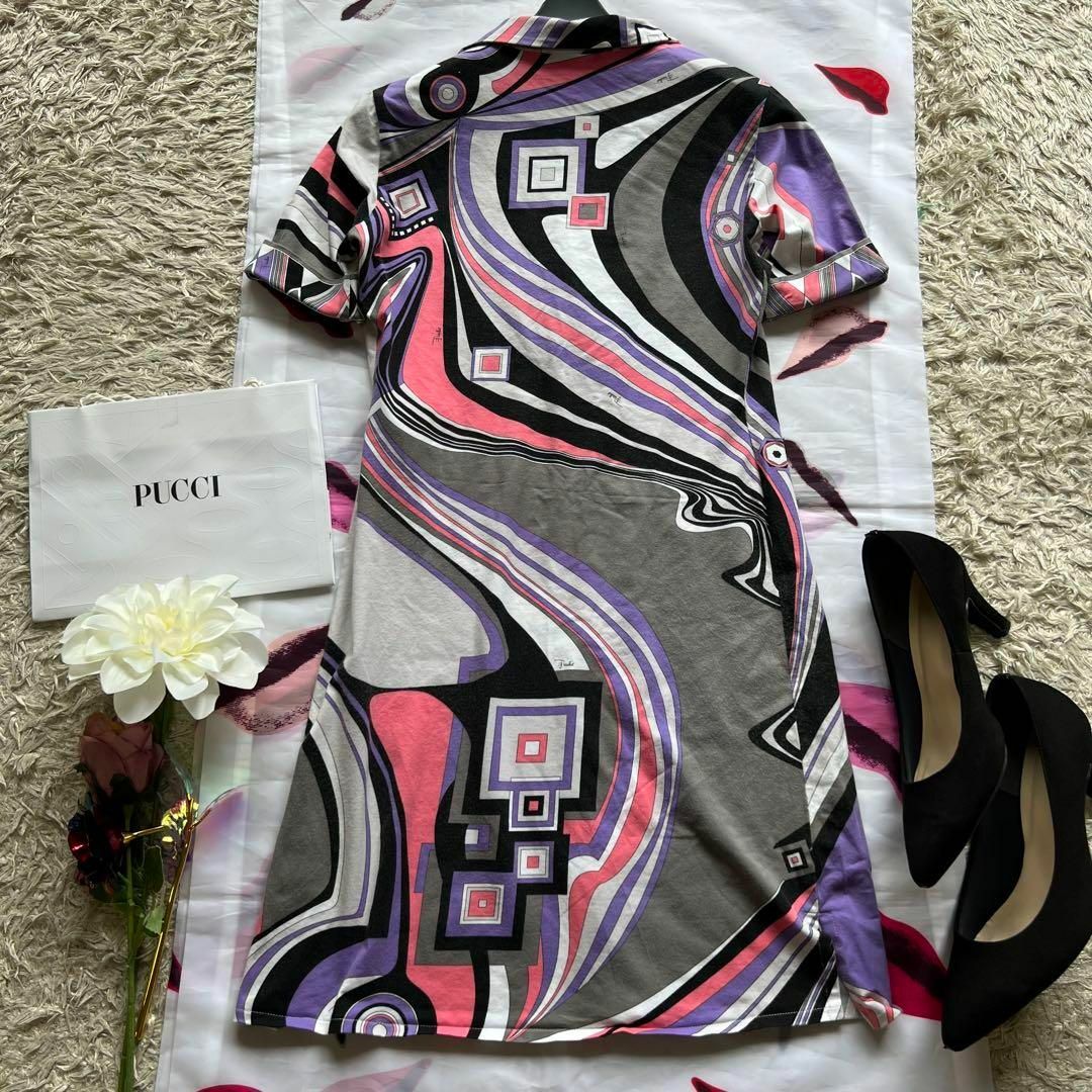 EMILIO PUCCI(エミリオプッチ)の【良品】EMILIO PUCCI プッチ柄襟付きワンピース 半袖 タイト 34 レディースのワンピース(ひざ丈ワンピース)の商品写真