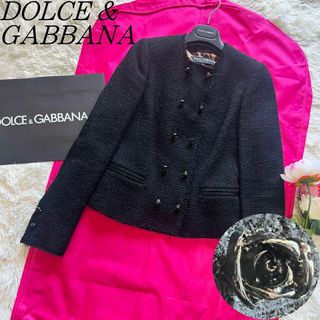 ドルチェアンドガッバーナ(DOLCE&GABBANA)の【美品】DOLCE&GABBANA ノーカラーツイードジャケット ブラック 38(ノーカラージャケット)