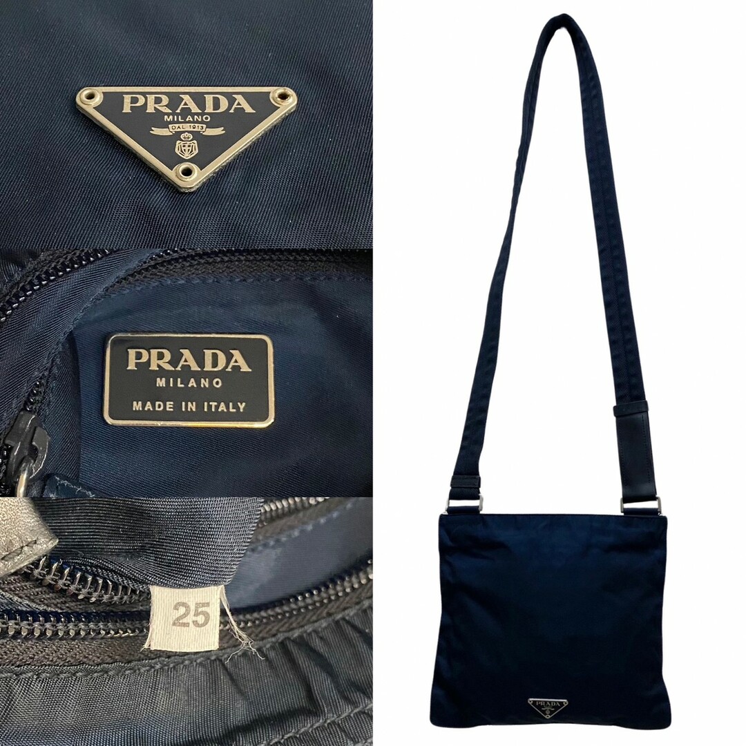 極 美品 希少品 PRADA プラダ 三角ロゴ 金具 ナイロン レザー 本革 ミニ ショルダーバッグ ポシェット サコッシュ ネイビー 紺 16629