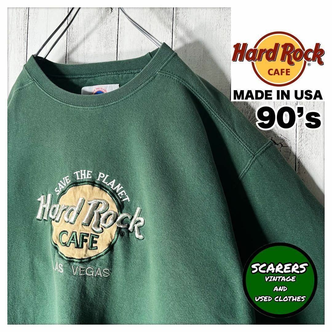 【USA製 L 90s】ハードロックカフェ 刺繍ロゴ ラスベガス スウェット 緑