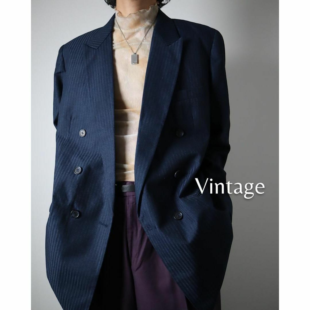 【vintage】ストライプ ダブルブレスト テーラードジャケット 濃紺 光沢 | フリマアプリ ラクマ