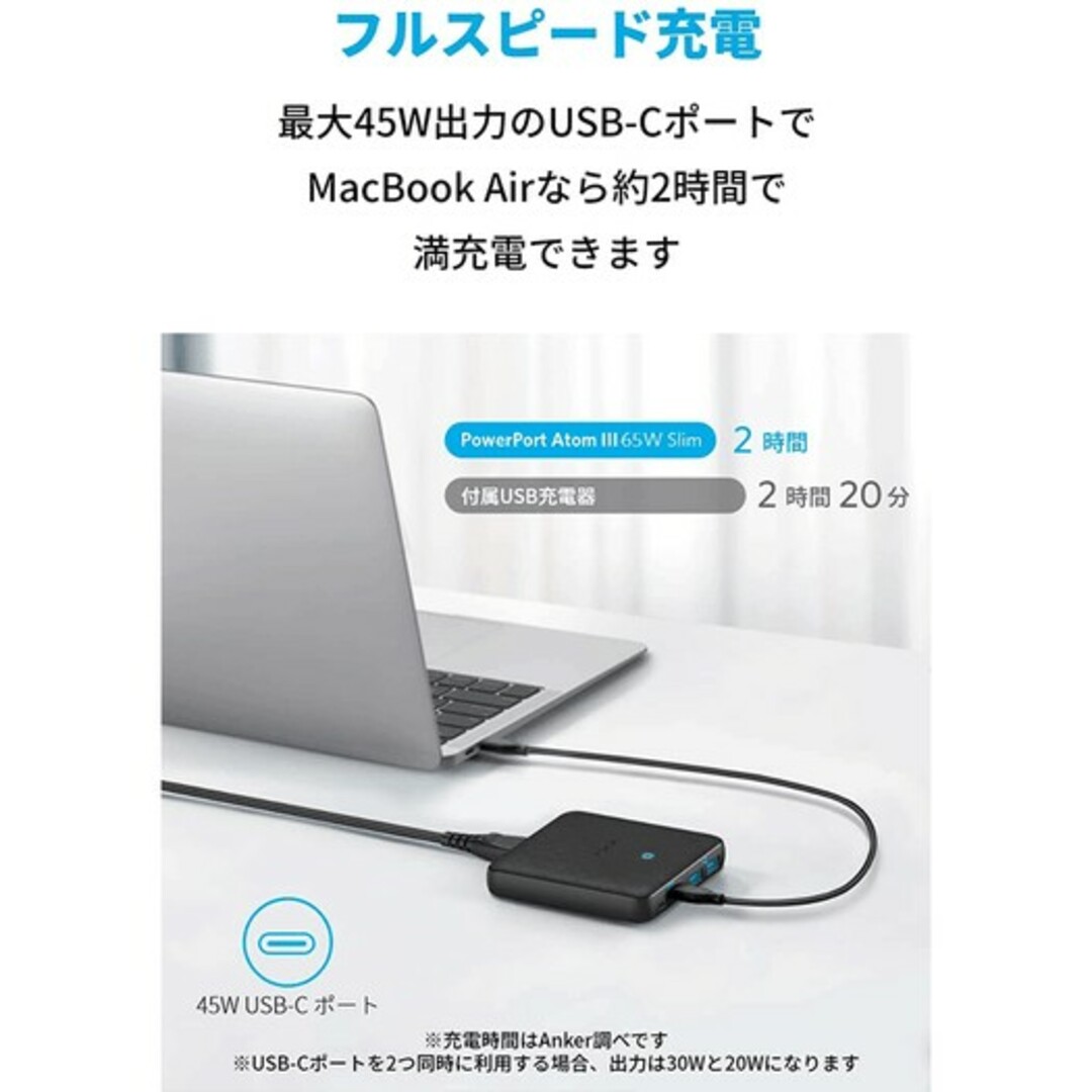 Anker(アンカー)のAnker PowerPort Atom III 65W Slim スマホ/家電/カメラのスマートフォン/携帯電話(バッテリー/充電器)の商品写真