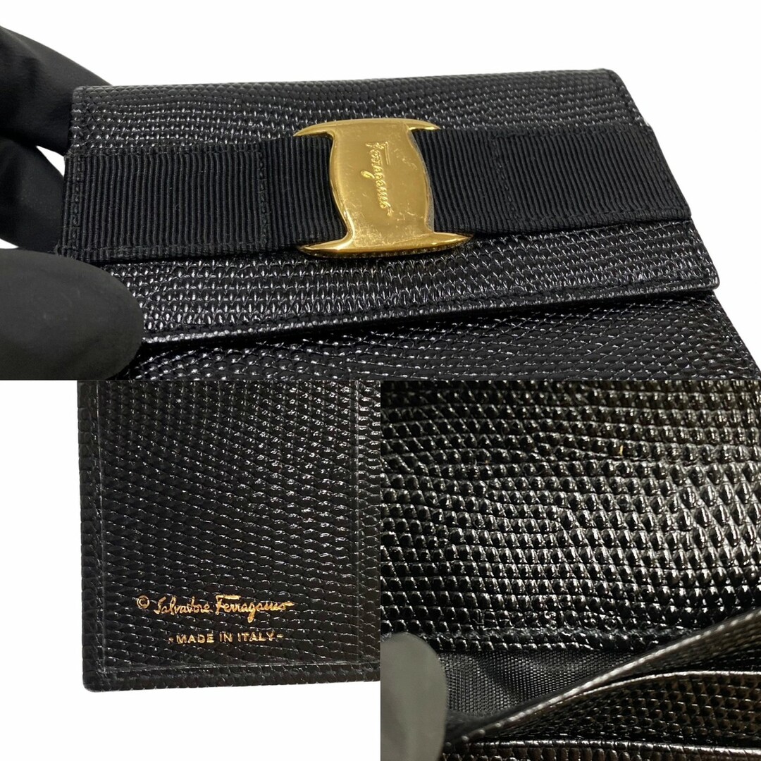 極 美品 箱付き Salvatore Ferragamo フェラガモ ヴァラ 金具 レザー 本革 がま口 二つ折り 財布 ミニ ウォレット ブラック 30189