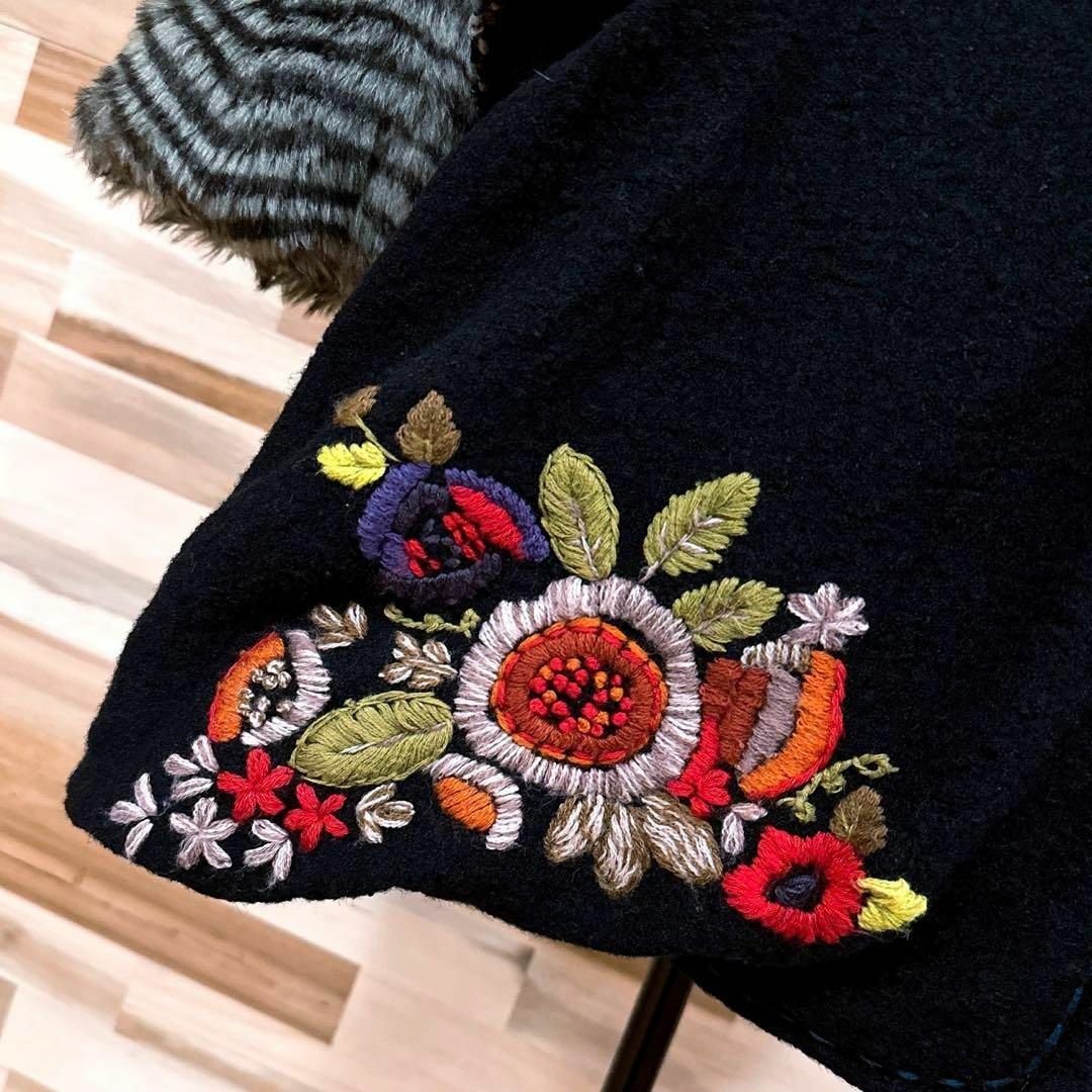 【デシグアル】ファー ウール ブレンド コート 花柄 刺繍 XL相当 黒×グレー