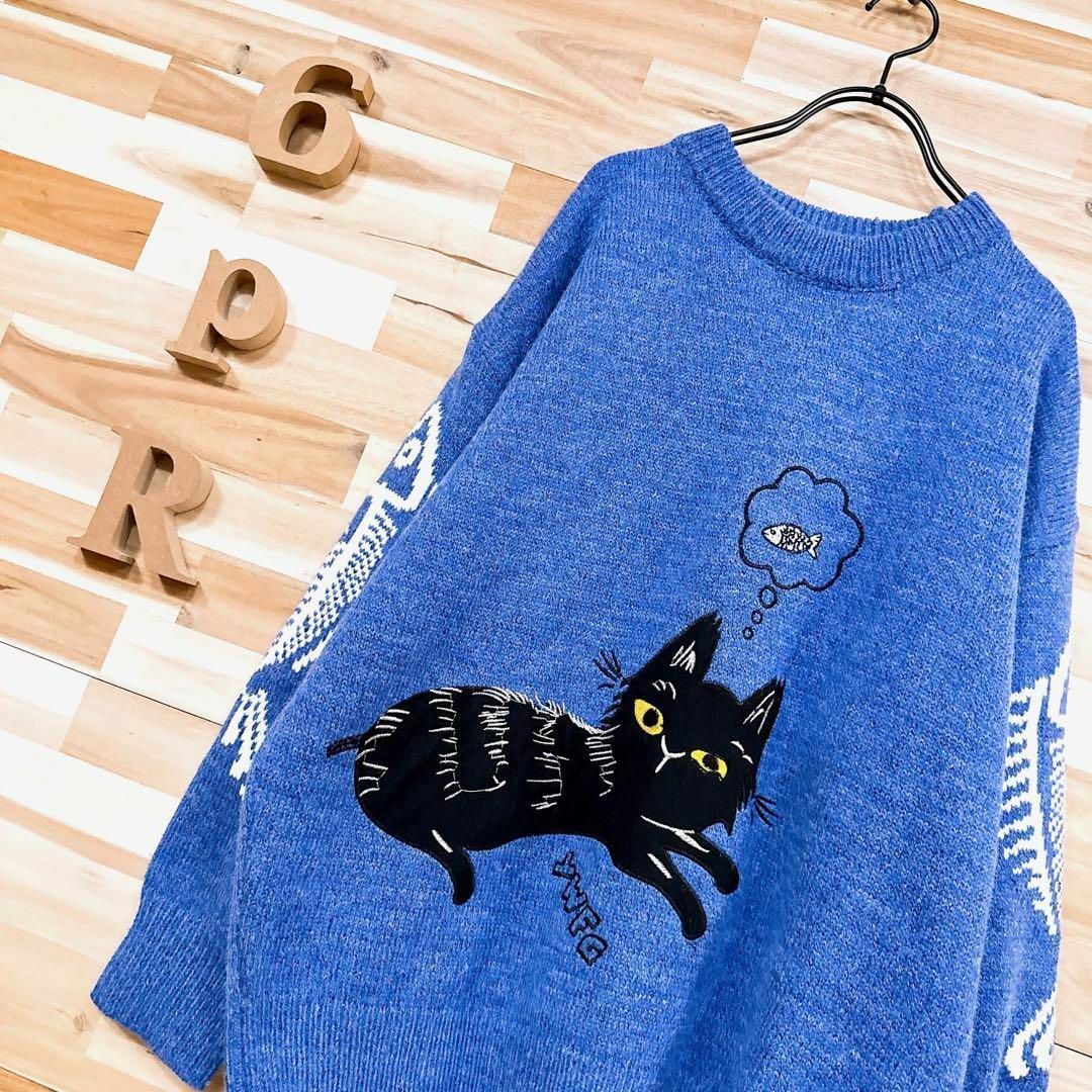 未使用【フック】HOOK ネコ 猫ちゃん 刺繍 ニット セーター L 青×黒