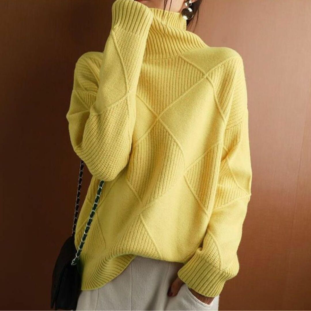 高品質新品ミンクカシミヤ着心地抜群暖かいニットセーター大人可愛いイエロー黄色M