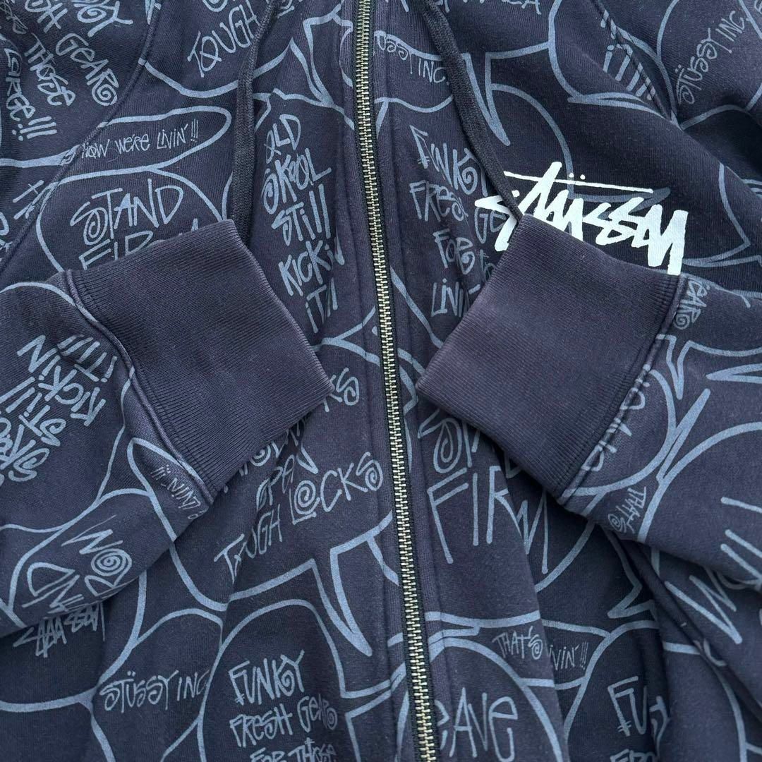 STUSSY　ステューシー　総柄　ジップアップパーカー　XLサイズ　黒　ブラック 7