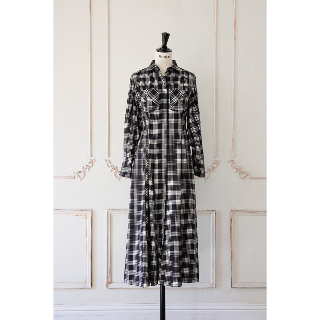 Checkered Pleats Long Shirt Dress ブラック/M