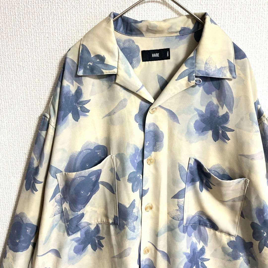 HARE デザインシャツ 総柄シャツ 総柄 花柄 ブルー クリーム M L