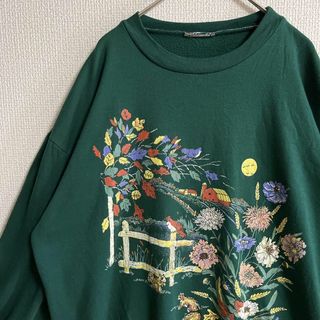 輸入古着 トレーナー スウェット 花柄プリント 風景画プリント オーバーサイズ(トレーナー/スウェット)