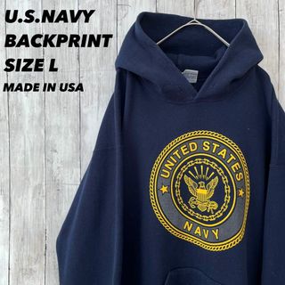 90sヴィンテージUSA製古着U.S.NAVY バックプリントスエットパーカーL(パーカー)