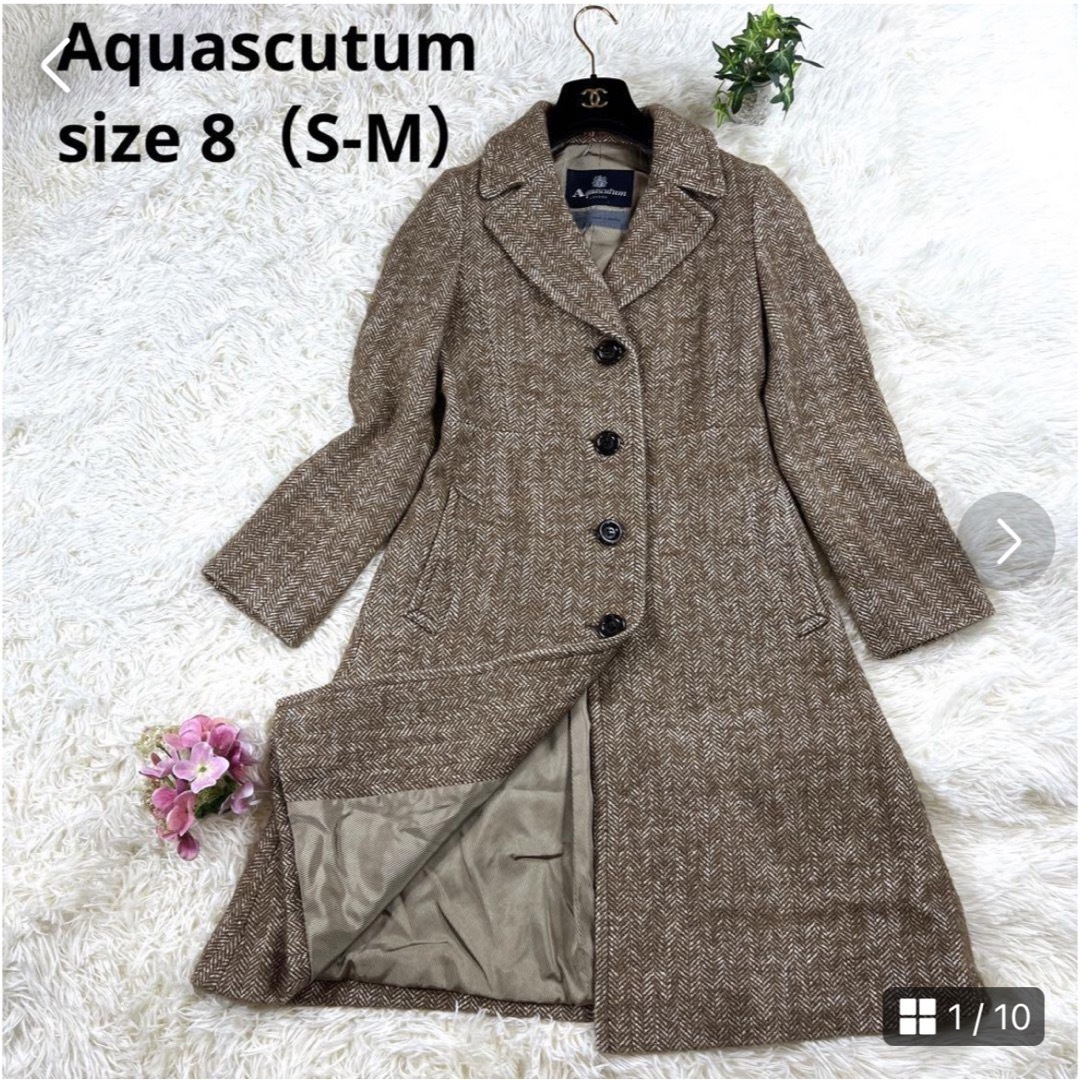 【Aquascutum】ロングコート（8）ヘリンボーン　ツイード　lyria