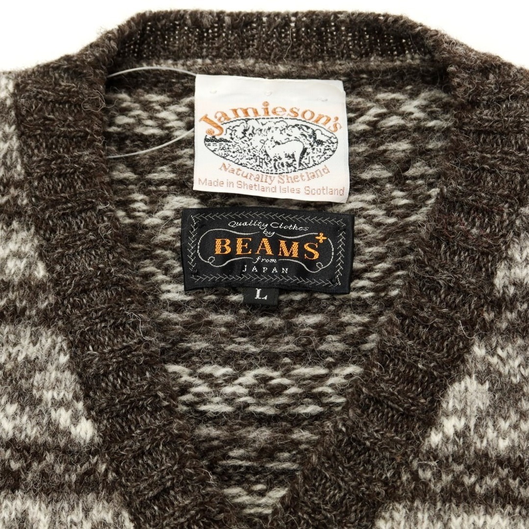 ジャミーソンズニットウェア Jamieson’s Knitwear BEAMS別注 ウール フェアアイル Vネックニット ダークブラウンxホワイト×グレー【サイズL】【メンズ】