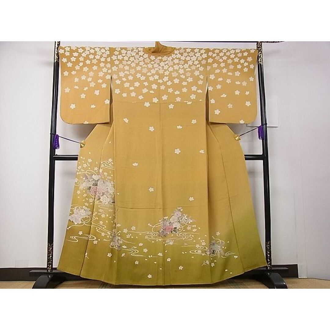 平和屋1□極上 訪問着 流水花筏文 暈し染め 金彩 鬼しぼ縮緬 逸品 3s30281-