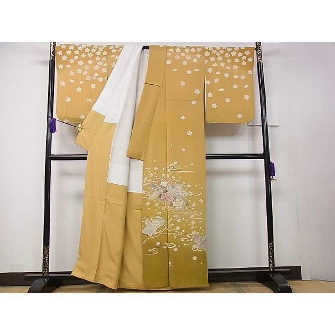 平和屋1□極上 訪問着 流水花筏文 暈し染め 金彩 鬼しぼ縮緬 逸品 3s30281-