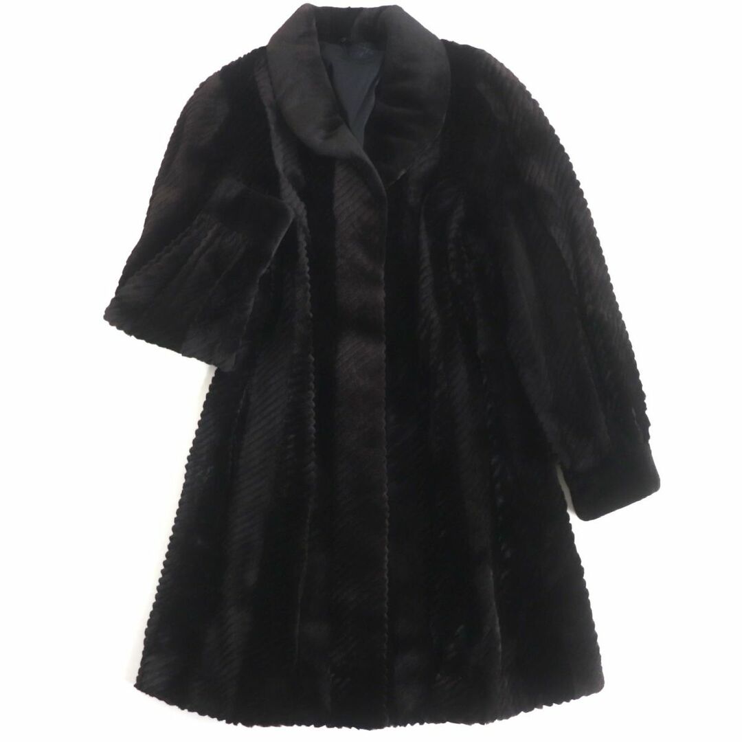 美品▼Guy Laroche ギラロッシュ MINK シェアードミンク 裏地ロゴ柄 本毛皮セミロングコート ダークブラウン F 毛質柔らか◎