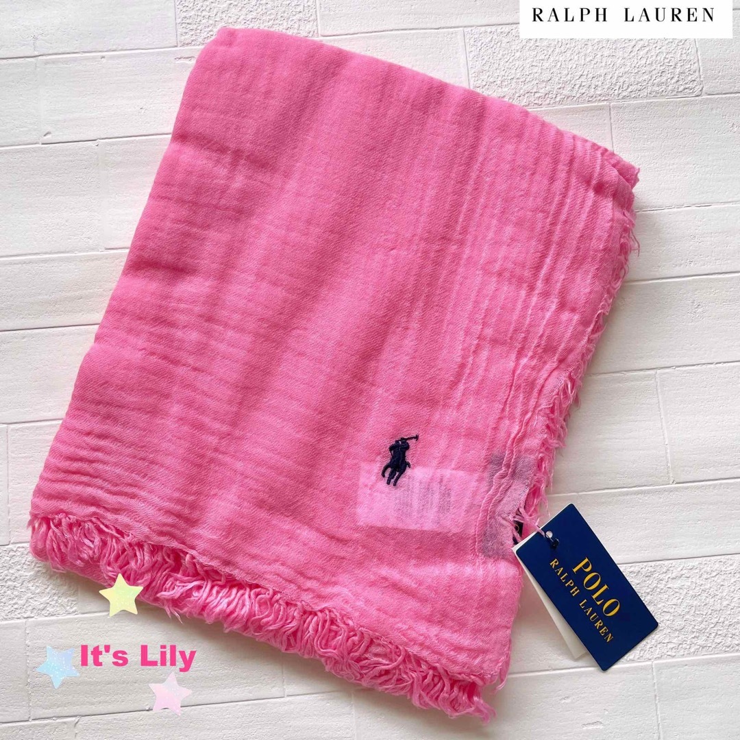 Ralph Lauren(ラルフローレン)のラルフローレン　スカーフ　フリンジ　ピンク レディースのファッション小物(マフラー/ショール)の商品写真