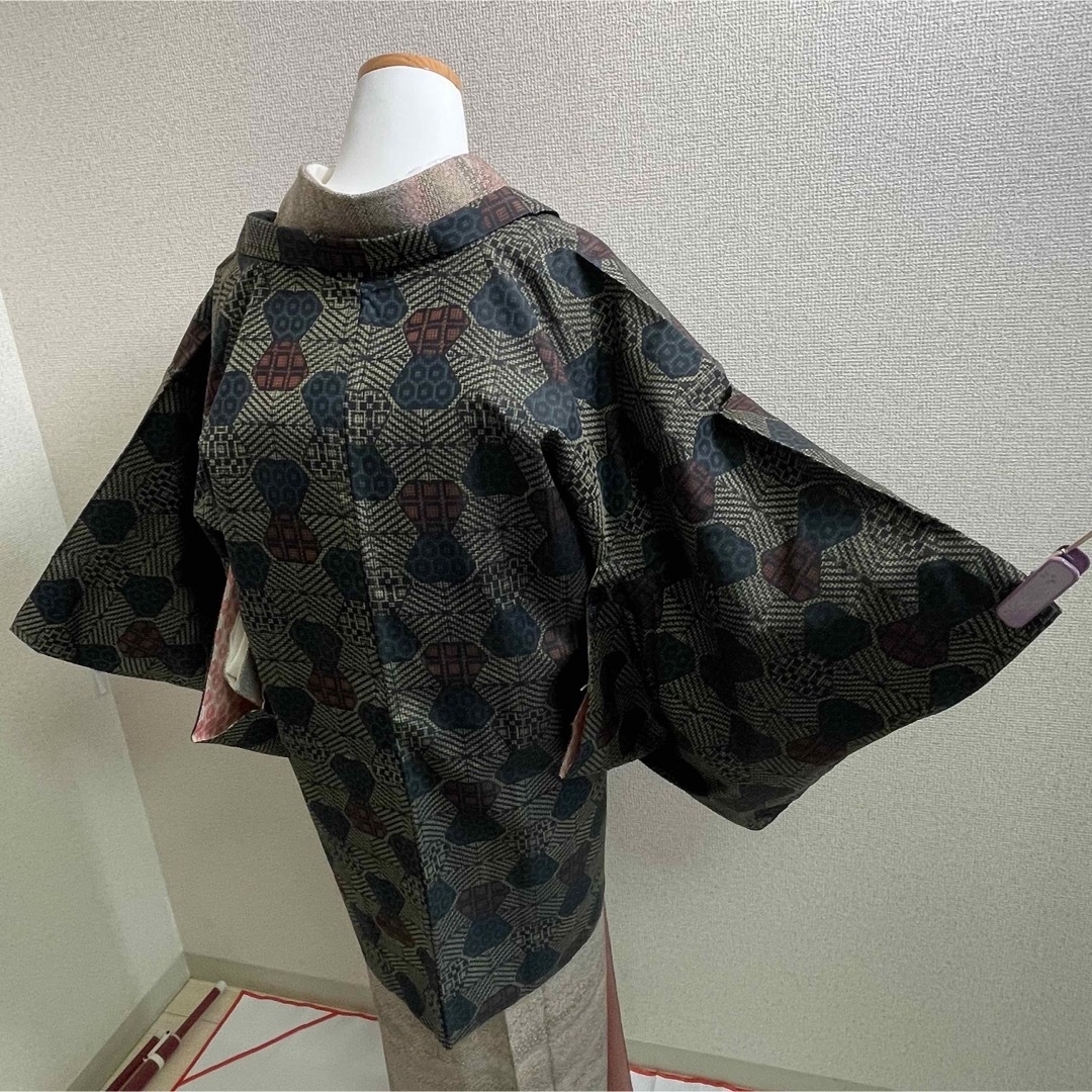 羽織 袷 着物 正絹 紬 格子 オレンジ 裄62.5 小紋 に 冬着物 防寒