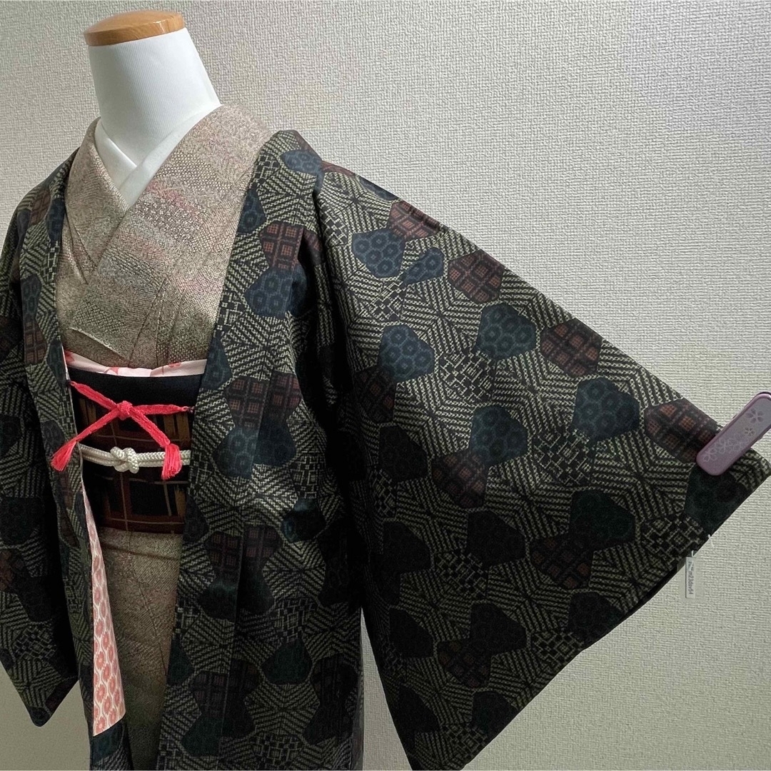 羽織 袷 着物 正絹 紬 格子 オレンジ 裄62.5 小紋 に 冬着物 防寒