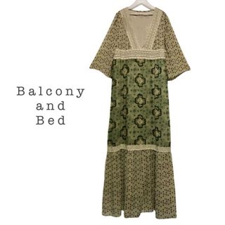 Balcony and Bed - 【美品】バルコニー＆ベッド　総柄　レトロワンピース　レース　L　ロング　シフォン