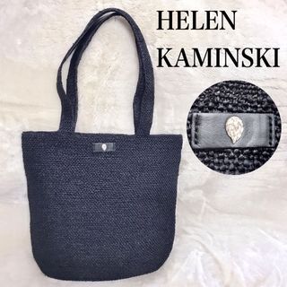 ヘレンカミンスキー(HELEN KAMINSKI)の極美品 HELEN KAMINSKI ラフィア レザー ロゴ トートバッグ  黒(トートバッグ)