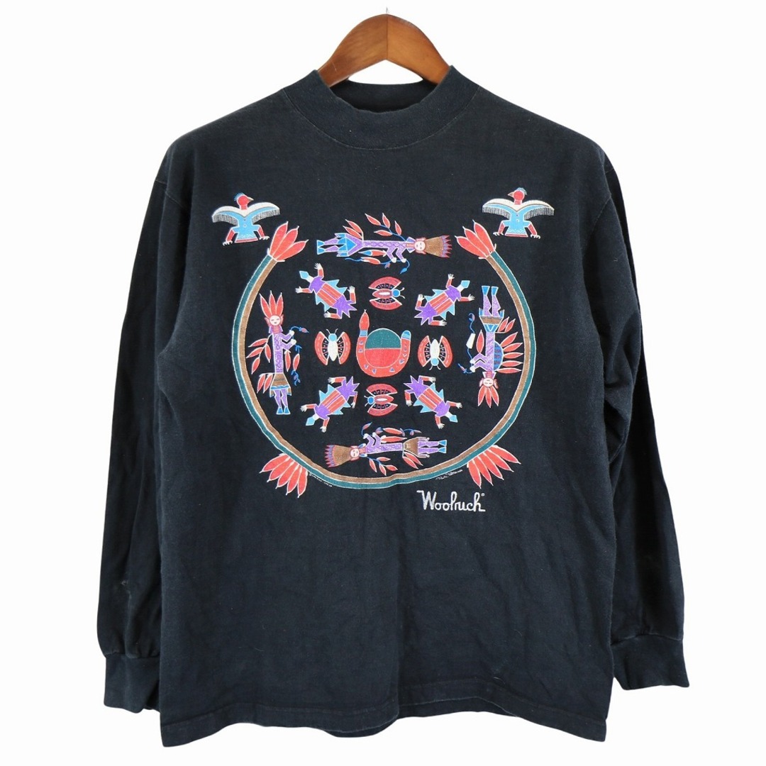 WOOLRICH(ウールリッチ)のUSA製 WOOLRICH ウールリッチ アート系プリント 長袖Ｔシャツ モックネック ブラック (メンズ M) 中古 古着 O7884 メンズのトップス(Tシャツ/カットソー(七分/長袖))の商品写真