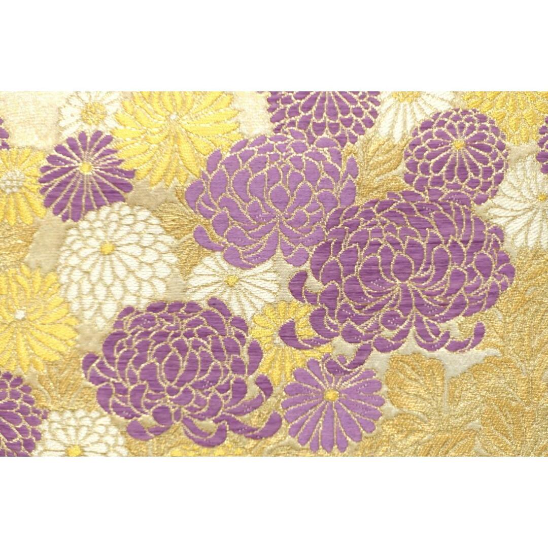 O-1599 袋帯 西陣じゅらく 帝王紫 四季の花々 雲 芝紋 金色