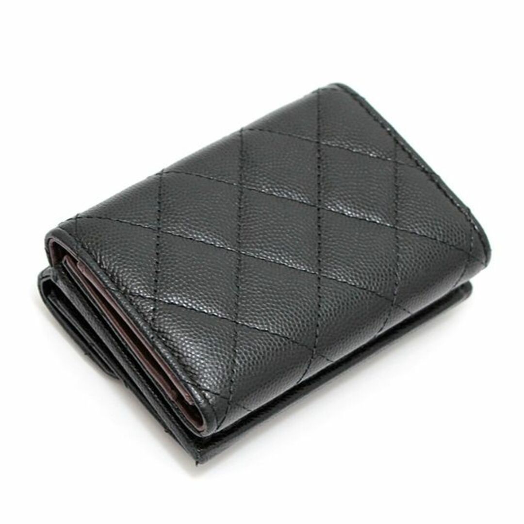 シャネル CHANEL マトラッセ 三つ折り財布 コンパクトウォレット キャビア 黒 G金具 62711