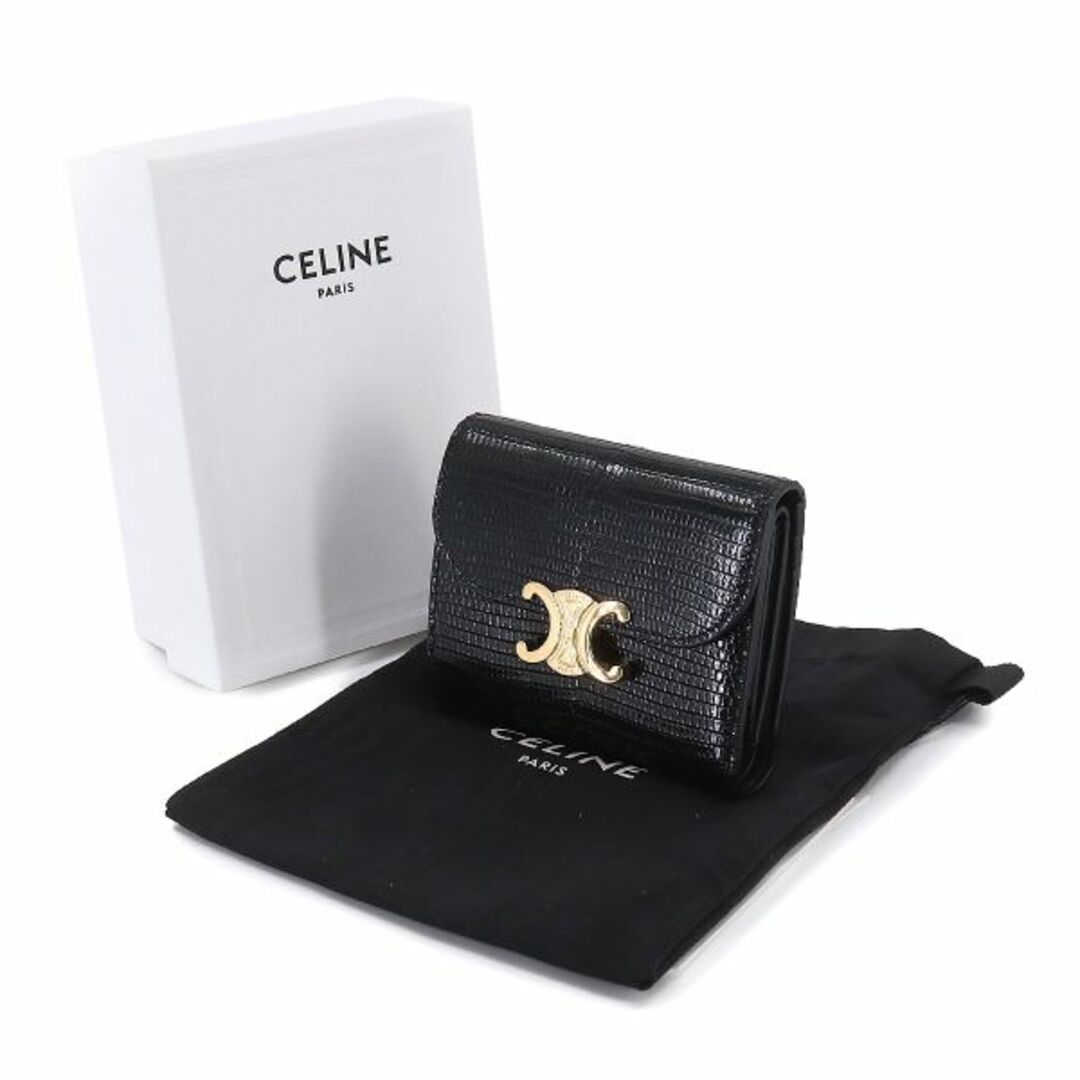 未使用 展示品 セリーヌ CELINE トリオンフ スモール ウォレット 三つ折り 財布 リザード ブラック 10D784DUA ゴールド 金具 VLP 90208358