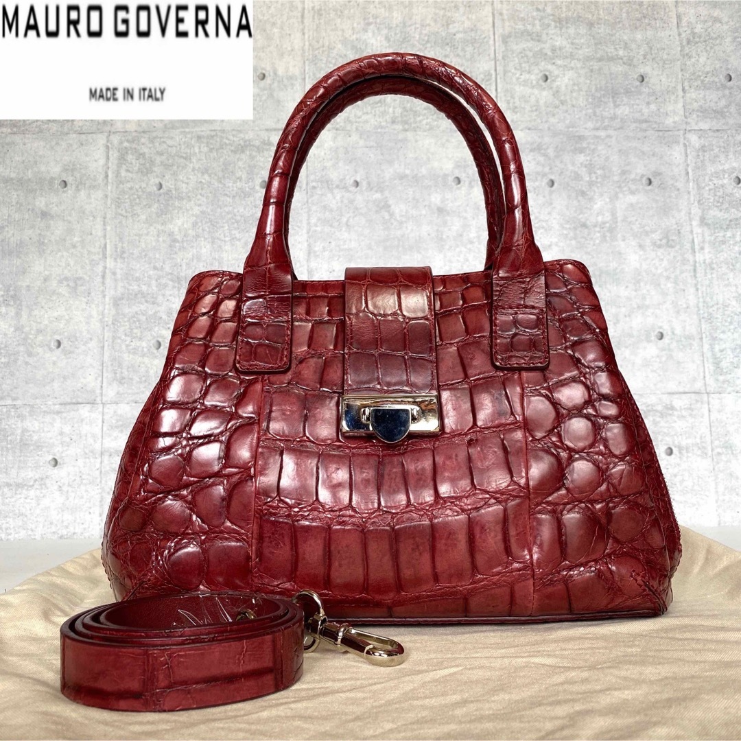 美品】MAURO GOVERNA クロコダイル ルビーレッド 2WAYバッグ-