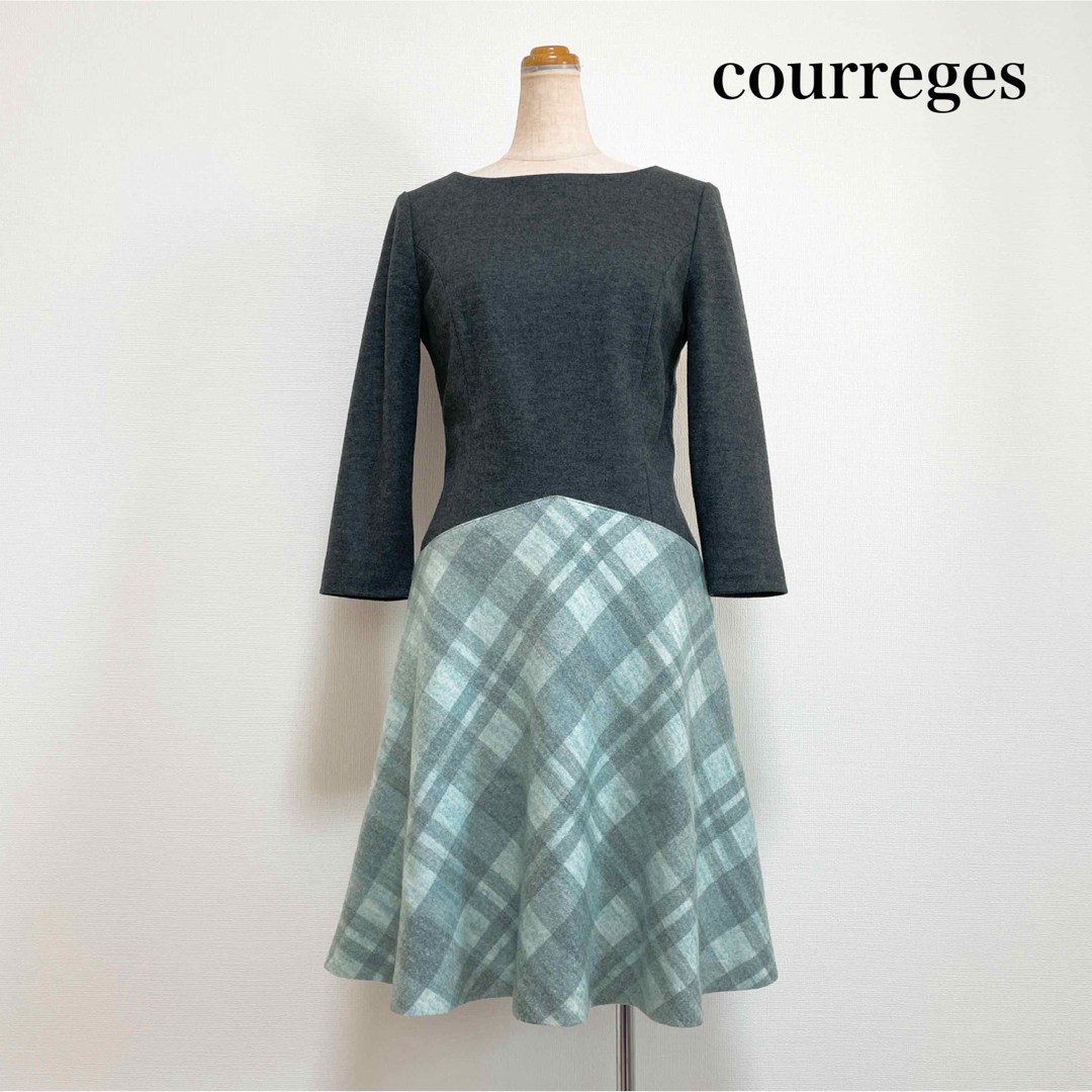 courreges 膝丈ウールワンピース グレー グリーン チェック 秋冬 上品