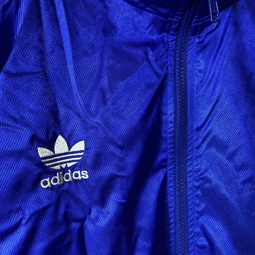 フード付き、トラックジャケット】adidasワンポイント刺繍ロゴ古着ブルー-