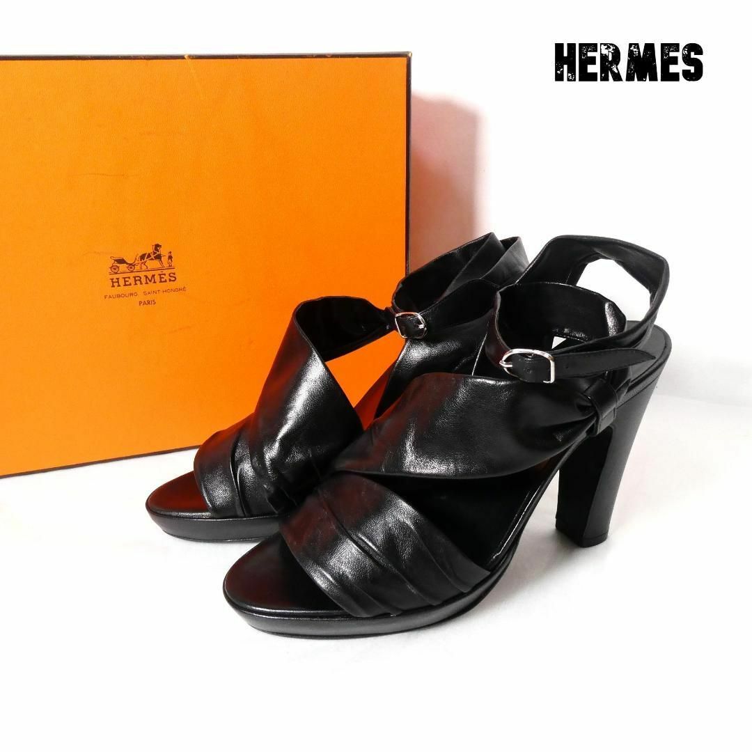Hermes - 美品 HERMES レザー アンクルストラップ チャンキーヒール