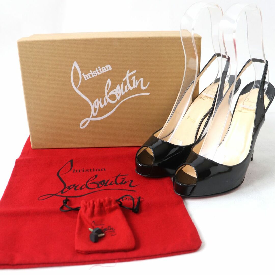 美品☆Christian Louboutin クリスチャンルブタン 3080457 PRIVE 120 パテントレザー オープントゥパンプス ブラック  37 伊製 箱・保存袋付