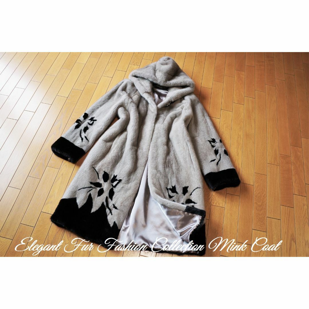 気品が立ちのぼる☆優雅なミンク毛皮コート フード付黒×グレー系リアルファーコート 3